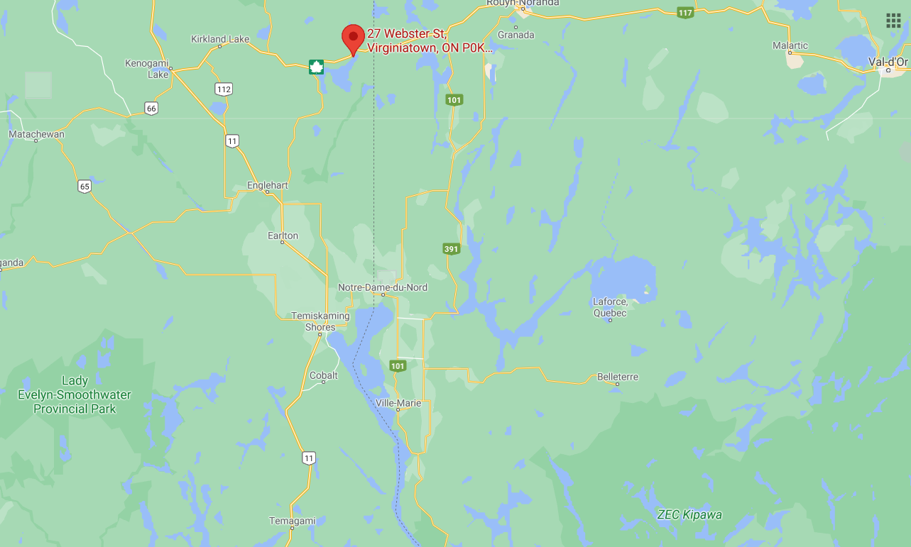 Map of where Virginiatown is located within Northeastern Ontario 